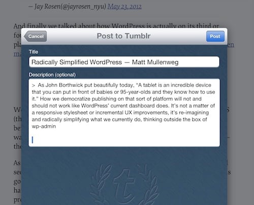 Instapaper and Tumblr integration Instapaper and Tumblr integration